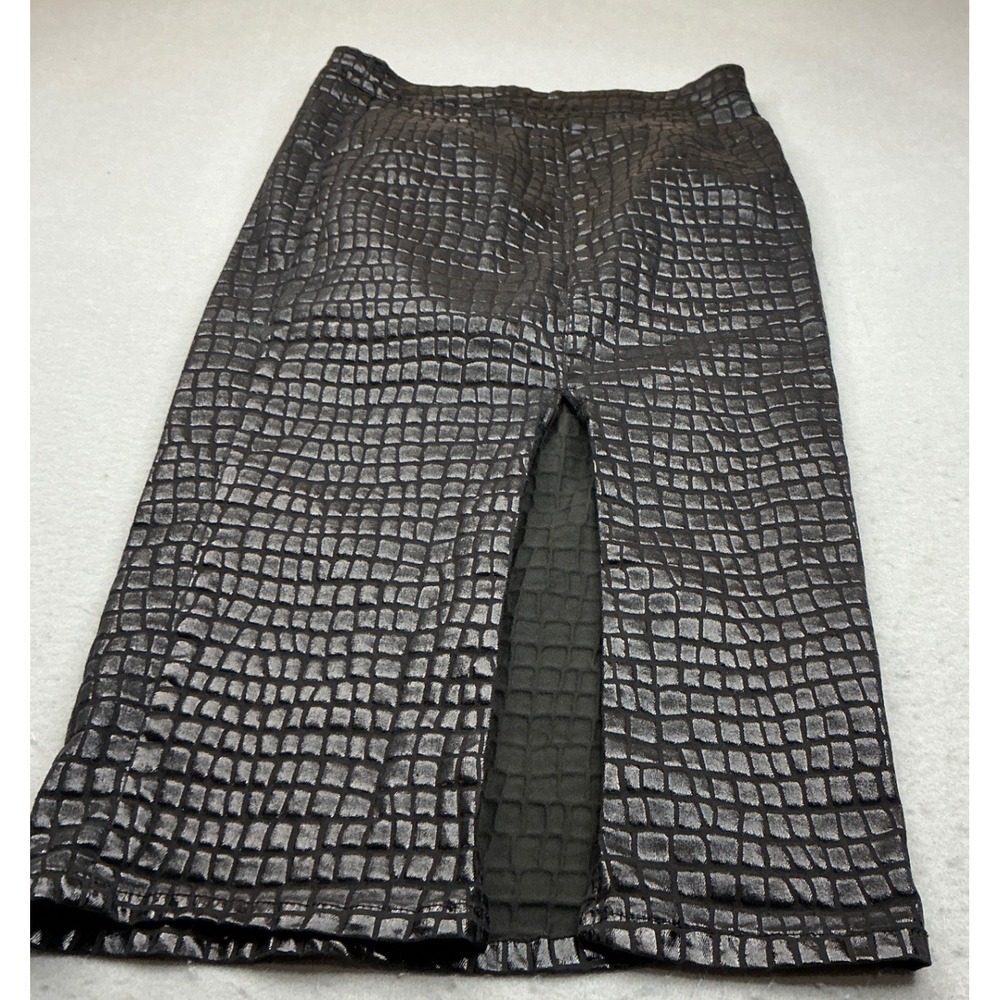 Good American Croc Embossed Midi Skirt‎ Black Metallic Front Slit Size 8/29